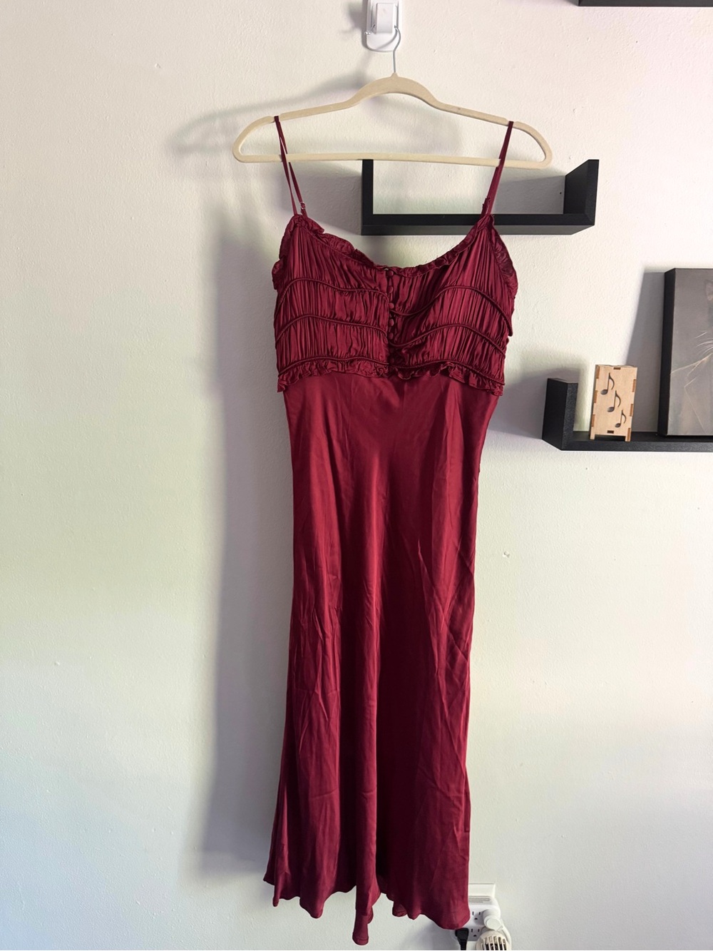 ASTR the Label “Enola” Smocked Bodice Slip Dress in Burgundy, M